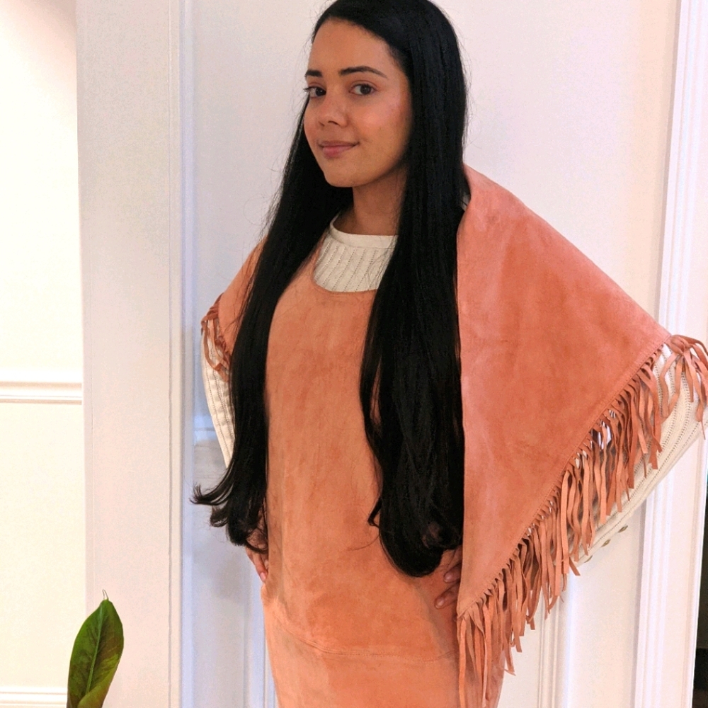 Vintage pink suede dress w/ fringe scarf - Picture 2 of 11